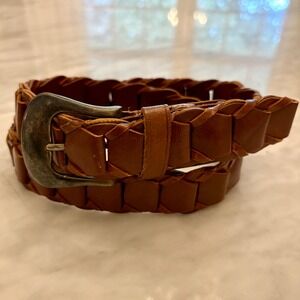 Brown Leather Braided Belt with Silver Buckle Made in India Medium Boho Classic